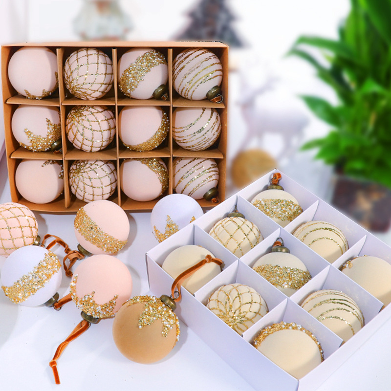 新款彩绘塑料圣诞树装饰挂件吊球8cm9pcs 8cm12pcs植绒圣诞球套装