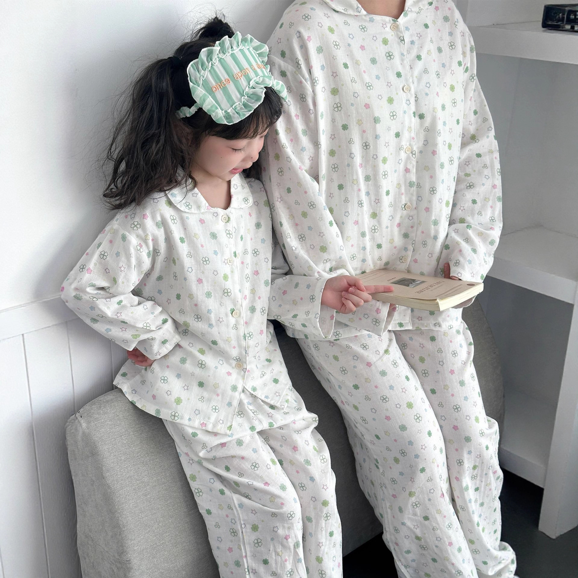 秋季儿童透气双层纱布睡衣A类中小童开衫长袖女童亲子男宝家居服