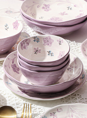 紫色碗碟套装家用陶瓷餐具复古乔迁新居盘子碗套装碗筷碗盘