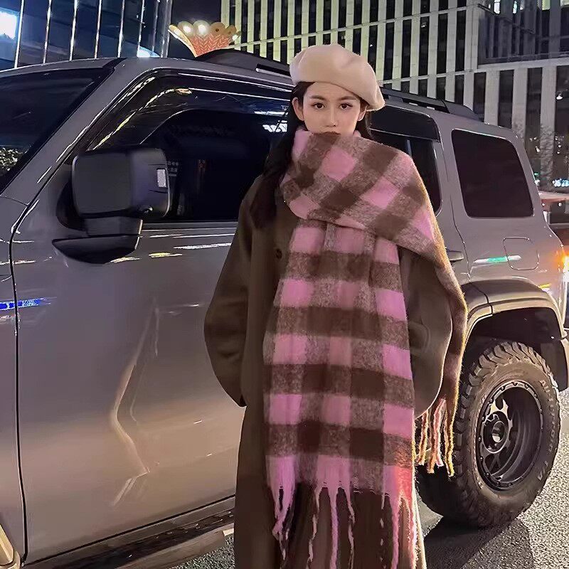 复古马海毛蓝色格子拼色围巾冬季女2025新款高级感流苏保暖围脖男