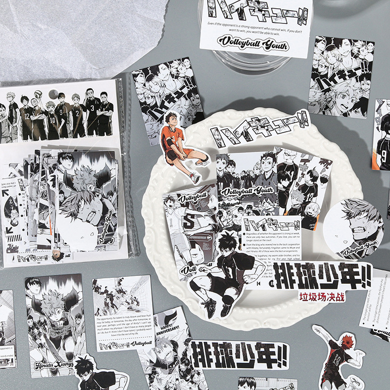 100张日系黑白复古贴纸海贼工藤NEW时光代理人排球少年漫画防水帖
