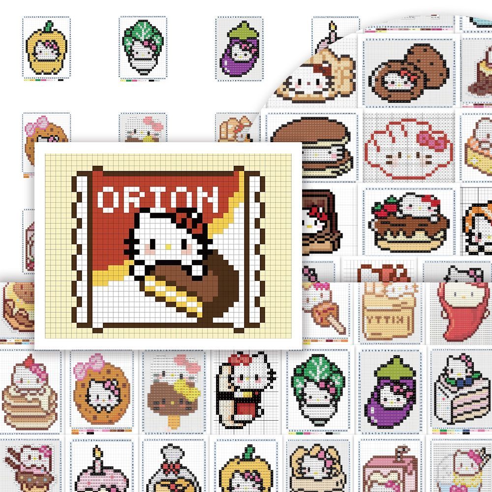 144张凯蒂猫食物拼豆贴纸可爱趣味像素卡通kt手账桌面笔记贴画