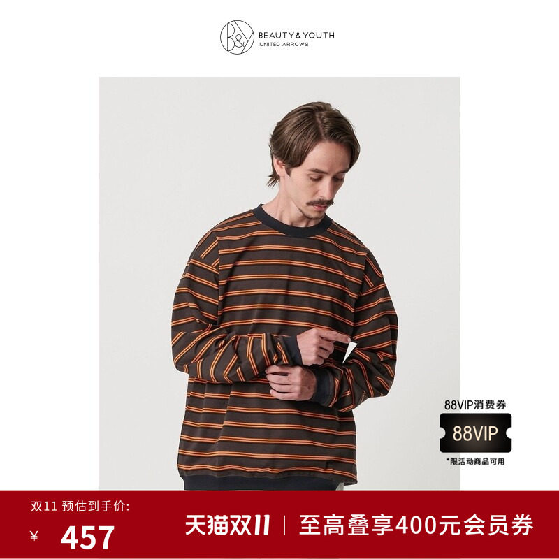 BEAUTY&YOUTH 秋冬男装美式休闲条纹撞色棉针织衫12122000000