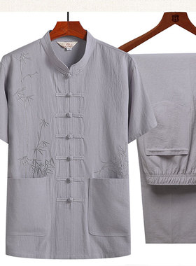 中老年唐装男夏装纯棉中式短袖套装薄款爸爸爷爷装中国风老人衣服