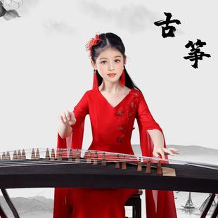 古筝演出服女大童中国风飘逸水袖 连衣裙仙女气质儿童民乐红色长裙