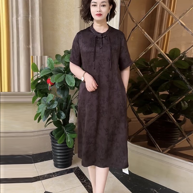 妈妈装夏季国风连衣裙中老年夏季大码中长款真丝裙气质百搭显示裙
