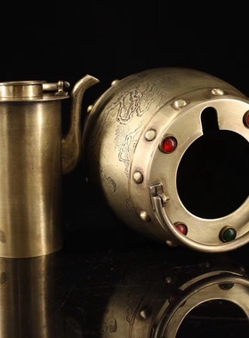 仿古收藏纯铜白铜手提壶提梁壶摆件水壶茶壶双层温酒壶铜工艺品壶