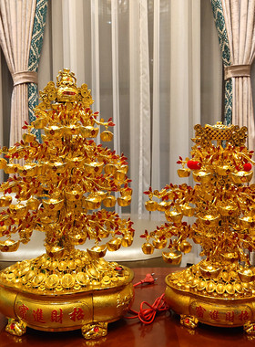 新款聚宝盆摇钱树带音乐旋转元宝摆件LED发财树乔迁开业春节礼品