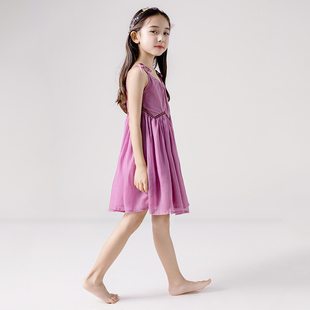 女童连衣裙2021新款夏中大童洋气紫色公主裙沙滩裙纱裙雪纺吊带裙