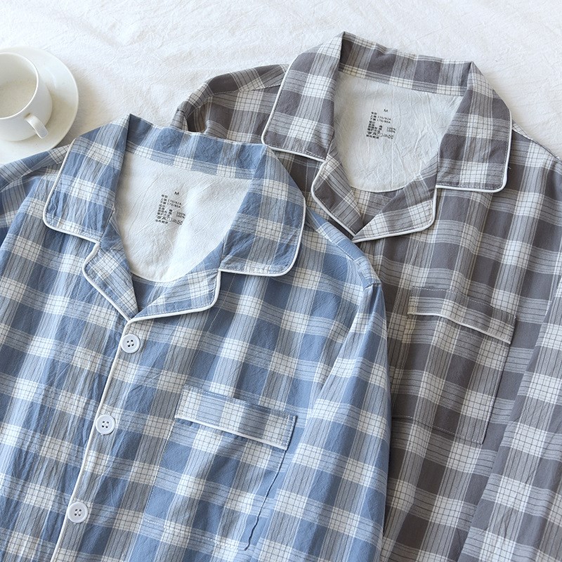 水洗棉睡衣男士纯棉套装春季新款时尚格子薄款宽松青年休闲家居服