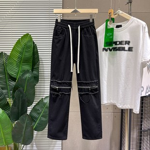 秋季直筒牛仔裤男美式做旧膝盖破洞裤子薄款九分工装裤窄版乞丐裤