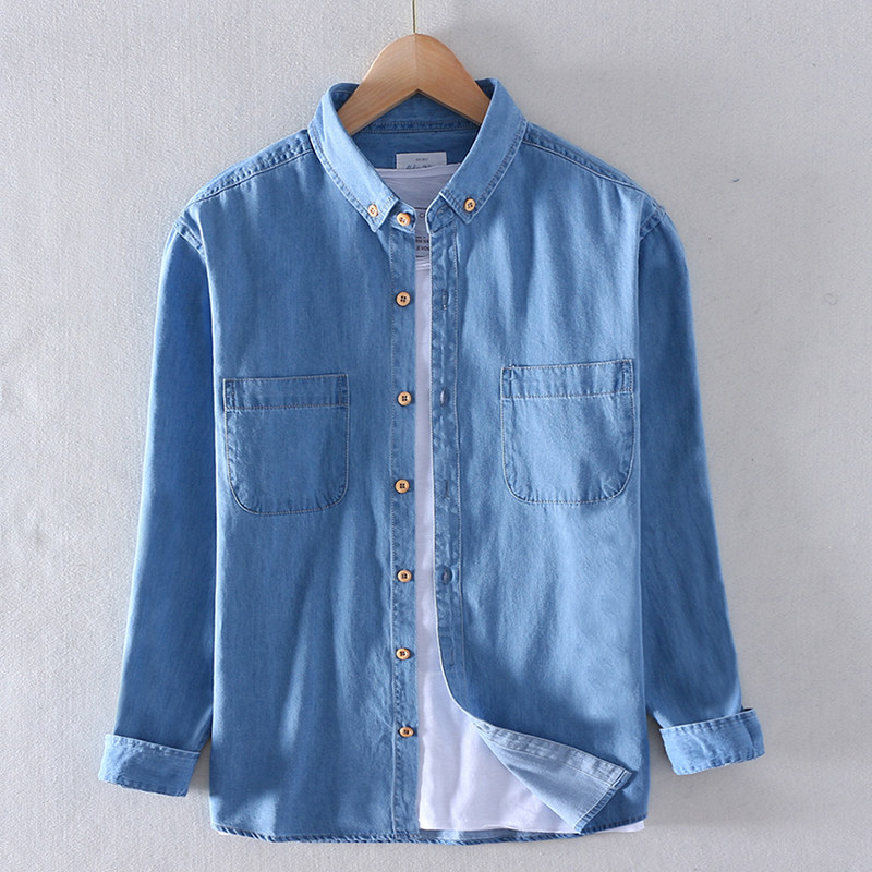 春秋新款潮男装纯棉牛仔长袖衬衫小领衬衣简约双口袋男士牛仔衬衫,男装,衬衫,淘宝优惠券,粉丝福利购,淘宝优惠卷