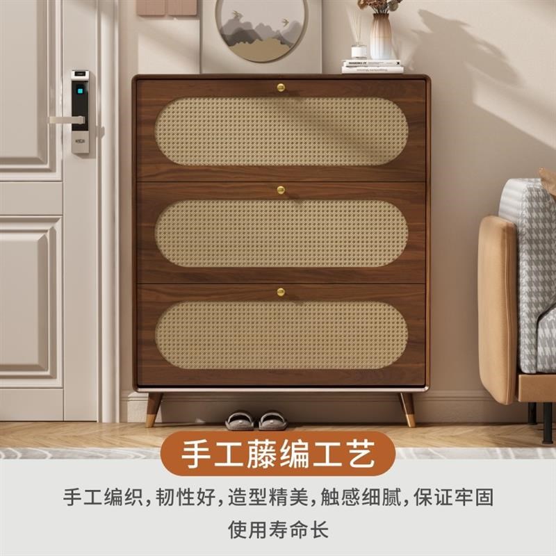 藤编鞋柜实木框家用门口玄关柜简约中式超薄翻斗收纳阳台储物柜