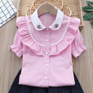 女孩全棉白色演出服套装 儿童纯棉条纹衬衣童装 中大童 短袖 女童衬衫