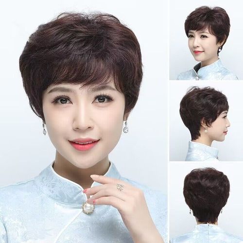 假发短发女整顶假发中老年妈妈中年假发真头发时尚蓬松短卷发头套