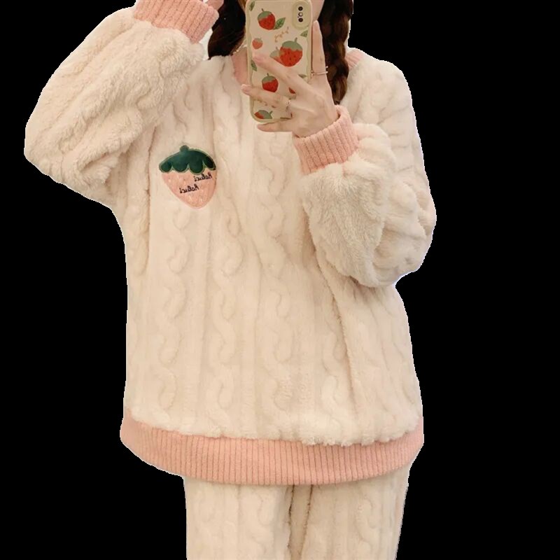 珊瑚绒睡衣女秋冬季加绒加厚卡通学生法兰绒家居服套装保暖可外穿