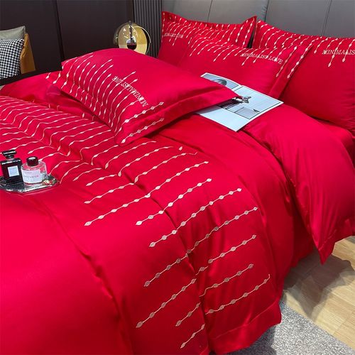 简约200支婚庆四件套大红纯棉被套结婚床上用品婚房女方陪嫁床单4