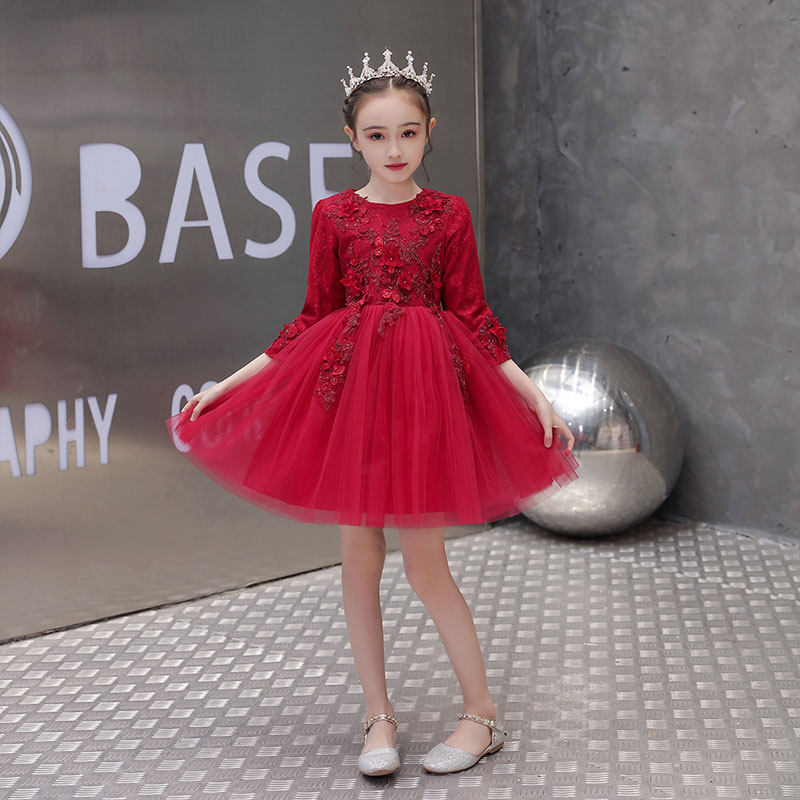 女童红色礼服花童婚礼蓬蓬儿童生日公主裙小女孩主持人演出服秋冬