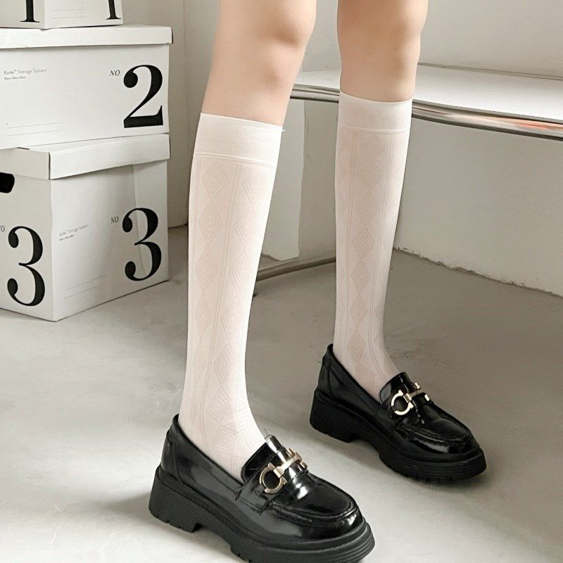黑色丝袜小腿袜女夏季薄款菱形格jk工作服不勾丝白色玻璃丝及膝袜,女士内衣/男士内衣/家居服,连裤袜/打底袜,淘宝优惠券,粉丝福利购,淘宝优惠卷