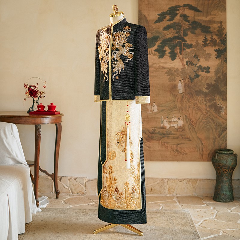 黑色秀禾服男士2025新款中式结婚新郎敬酒服男生喜服龙凤褂接亲服