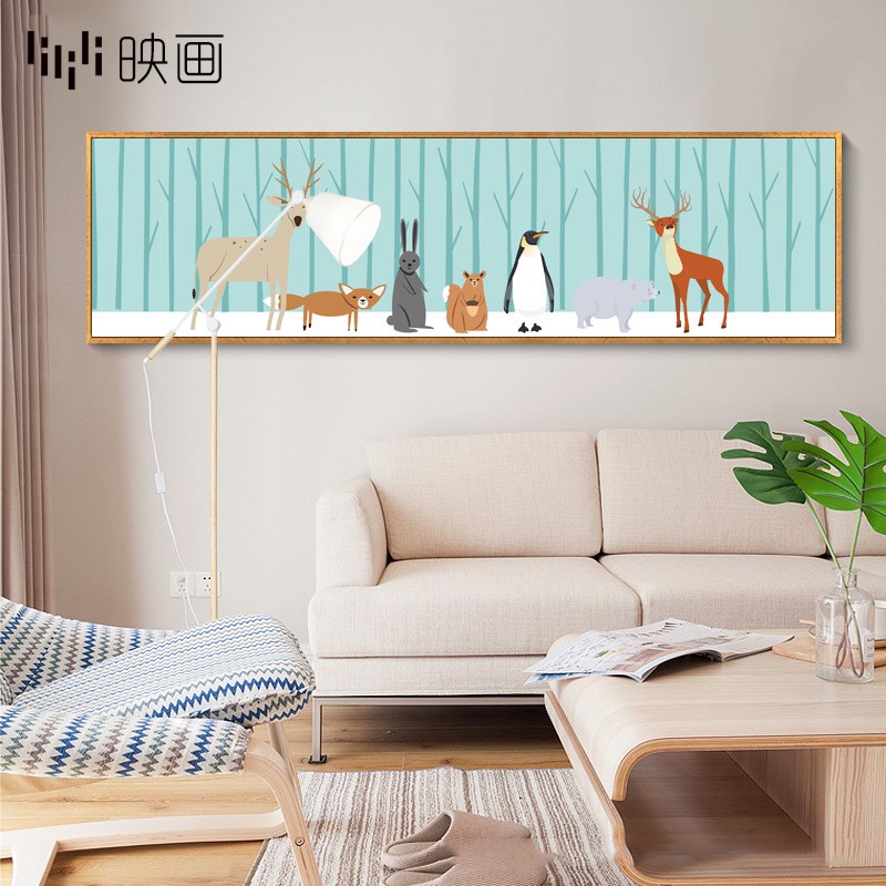 客厅横幅挂画沙发墙画北欧麋鹿装饰画床头壁画大气卧室卡通风景画图片