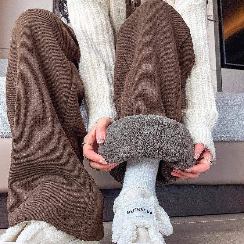 女童加绒直筒阔腿裤子秋冬2024新款女大儿童冬季加厚羊羔绒卫棉裤