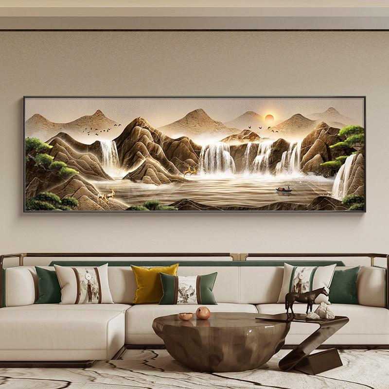 聚盆山水客厅挂画新中式沙发背景墙晶瓷工艺装饰画金属框聚财靠