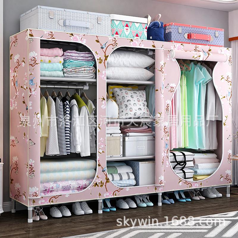25MM钢架隔层大号全封闭拉链简易布衣柜加粗加厚双人出租房用衣橱
