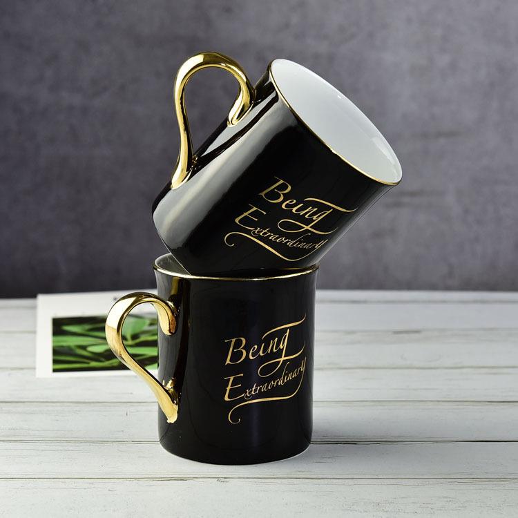 黑色色釉广告水杯陶瓷金把创意礼品茶水杯子骨质瓷马克杯