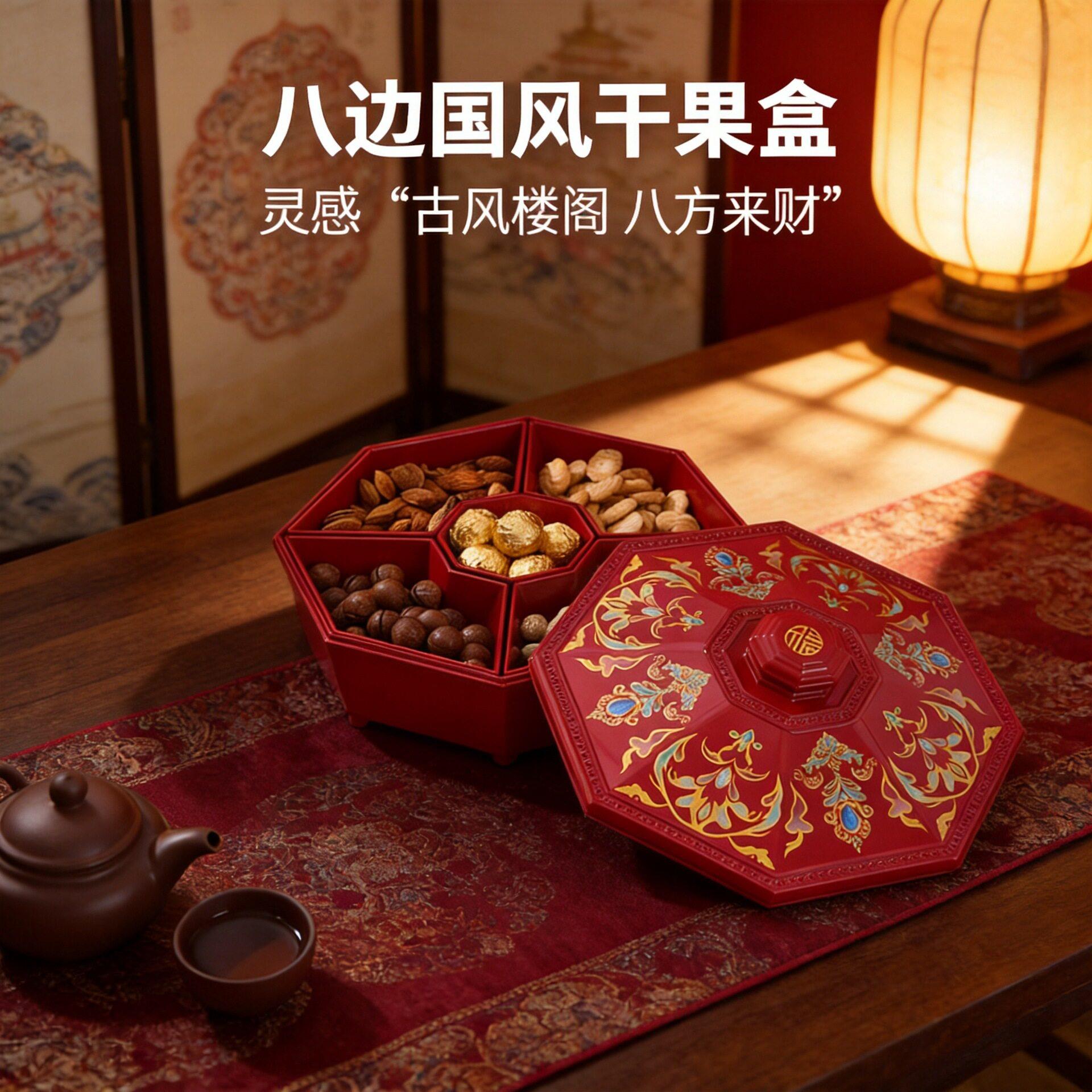 中式花边形糖果盒过年干果盒水果盘零食收纳盒新年分格坚果盒