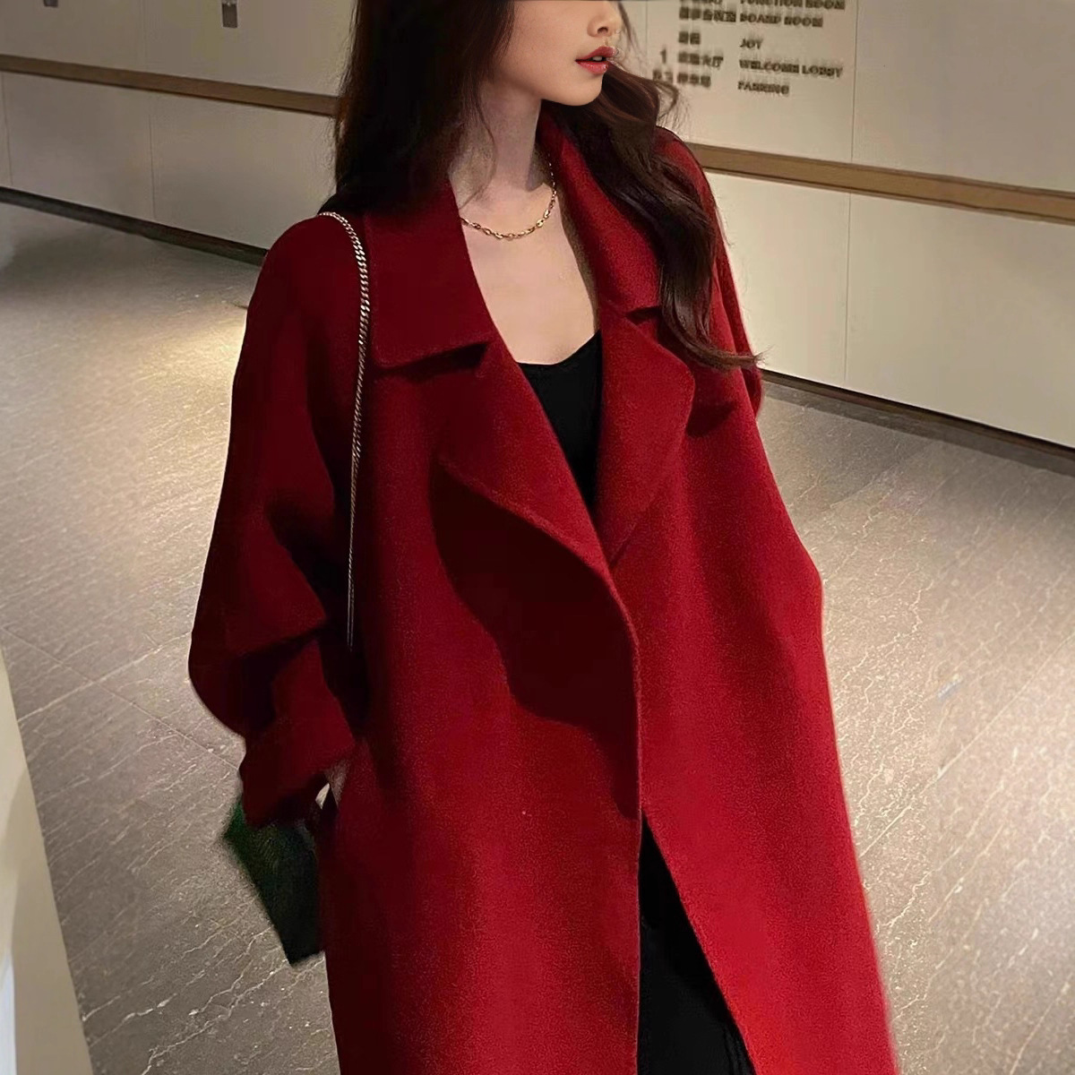 秋冬新款羊毛大衣女双面羊绒大衣腰带宽松西装领加长款毛呢外套女