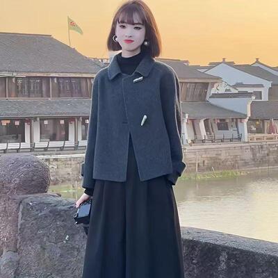 炭灰色双面羊绒大衣女小个子2025秋冬新款韩版显瘦短款羊毛呢外套