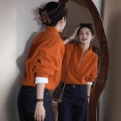 多巴胺橘色高领半拉链卫衣女2025秋冬新款 松弛感小众百搭别致上衣