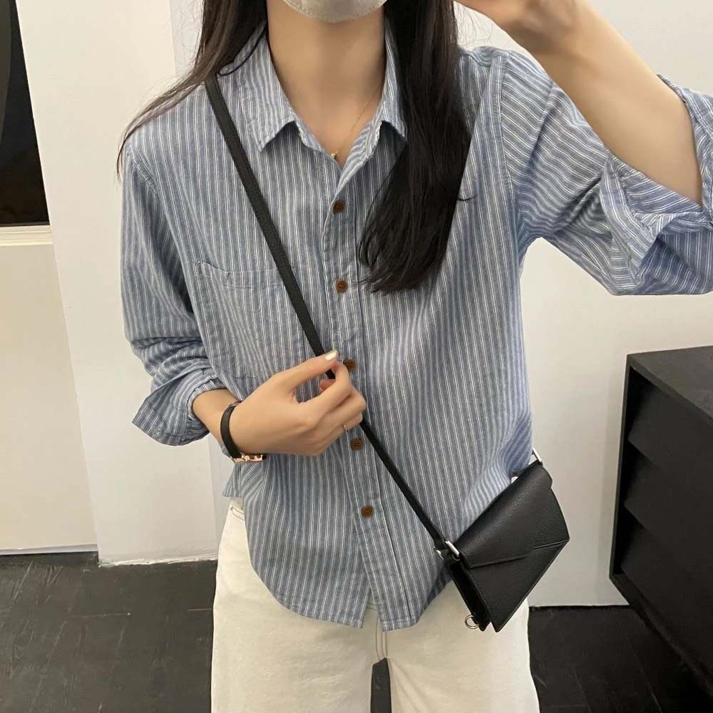 复古日系条纹衬衫休闲显瘦衬衫女长袖2026春夏季新款百搭上衣女