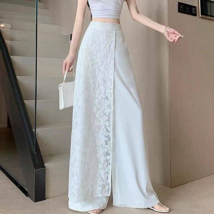 白色阔腿西装裤女夏季小众设计感蕾丝拼接高腰裤裙垂感拖地直筒裤,女装/女士精品,休闲裤,淘宝优惠券,粉丝福利购,淘宝优惠卷