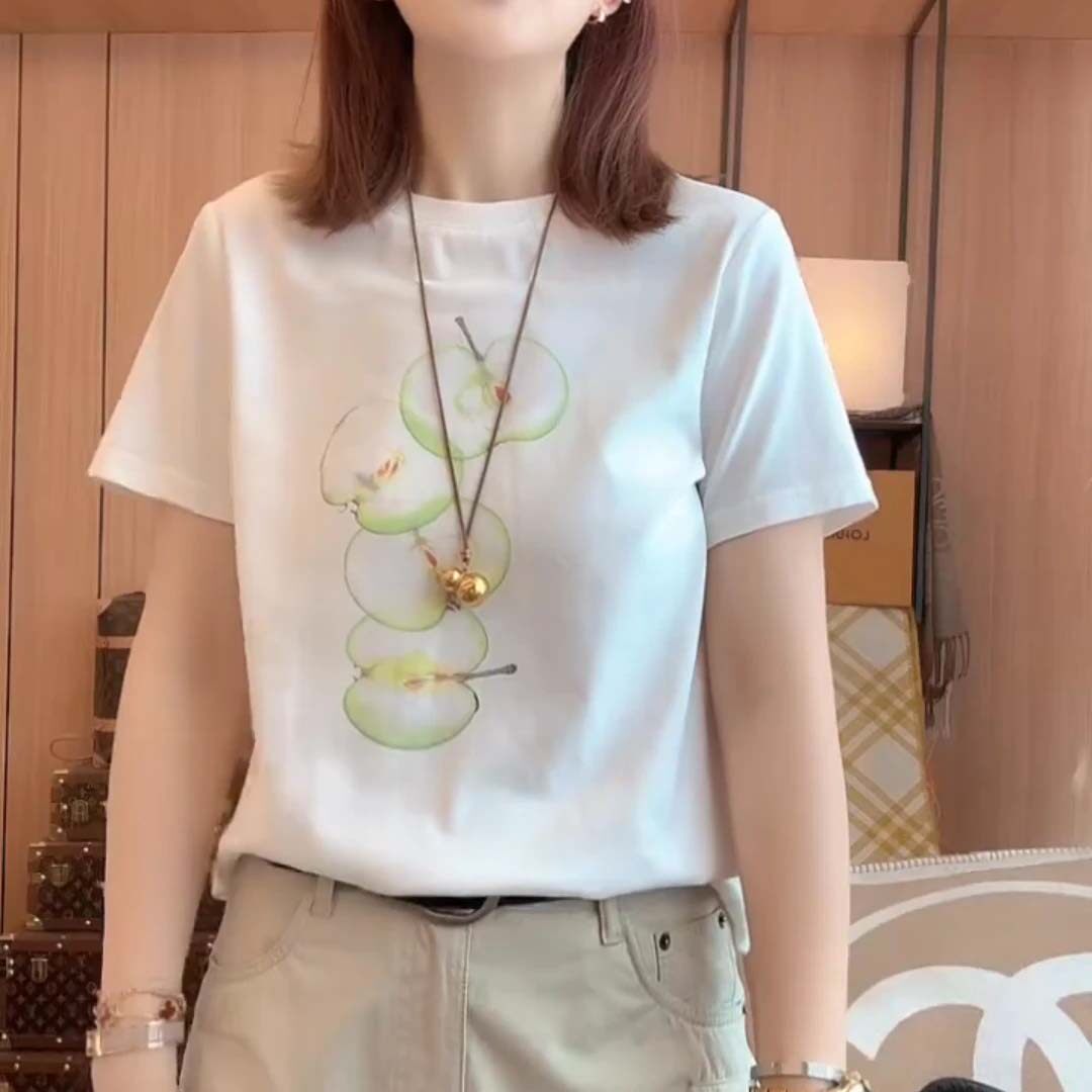 2026夏季新款设计感青苹果印花圆领短袖T恤女高级感时尚百搭上衣图片