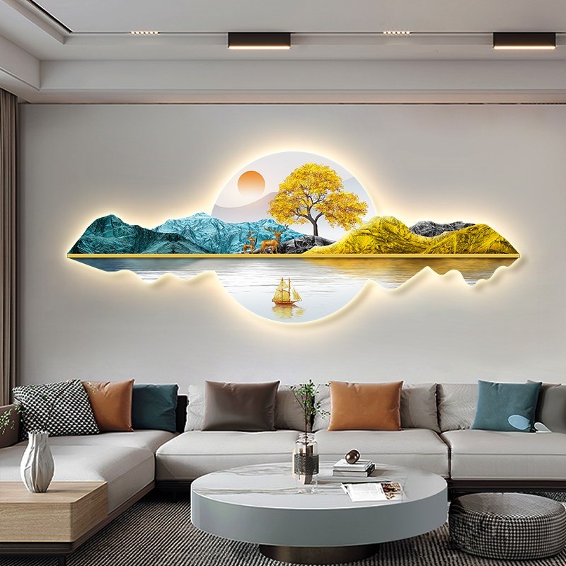 富水金山客厅装饰画led发光灯画高档大气沙发背景墙画新中式挂画