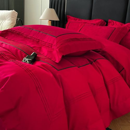 简约180支长绒棉结婚四件套红色喜被套纯棉床单全棉婚庆床品陪嫁4