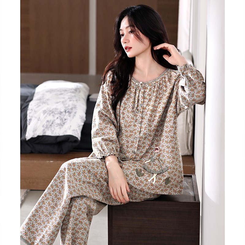 睡衣女士春秋款纯棉长袖秋季全棉薄款中年妈妈夏季大码开衫家居服