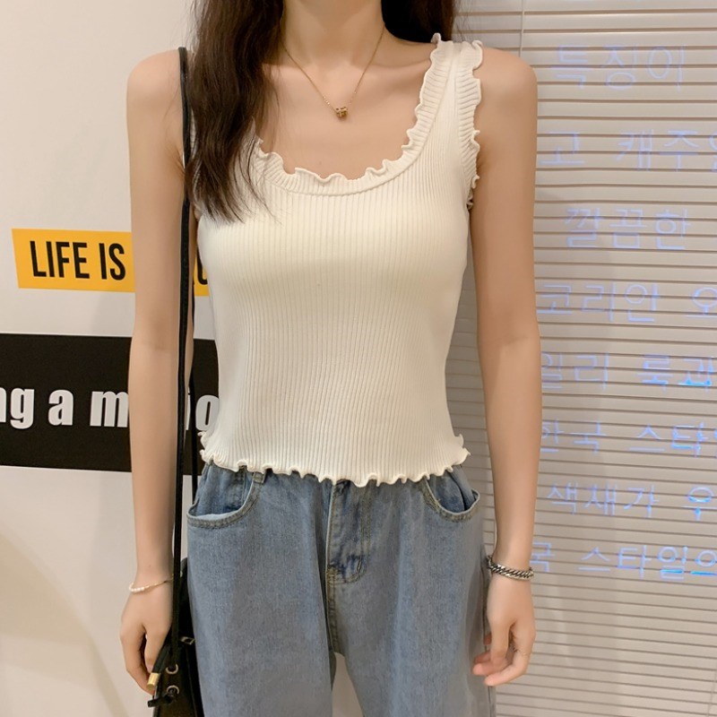 大码胖妹妹设计感针织吊带背心女夏季新款内搭木耳边打底无袖上衣
