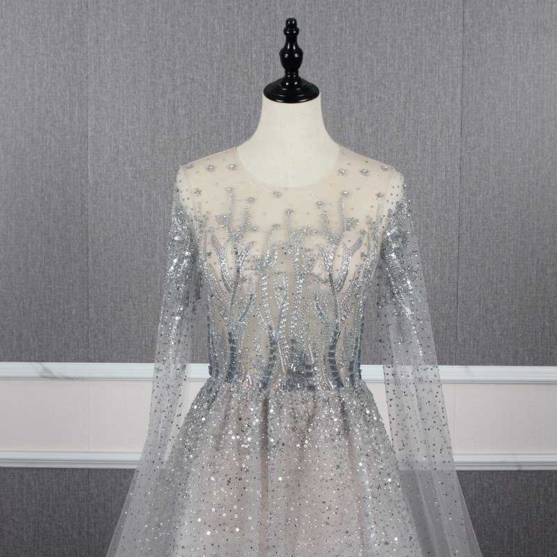 仙女款银灰色长袖飘肩拖尾大摆晚礼服新娘敬酒裙奢华主持演出长裙