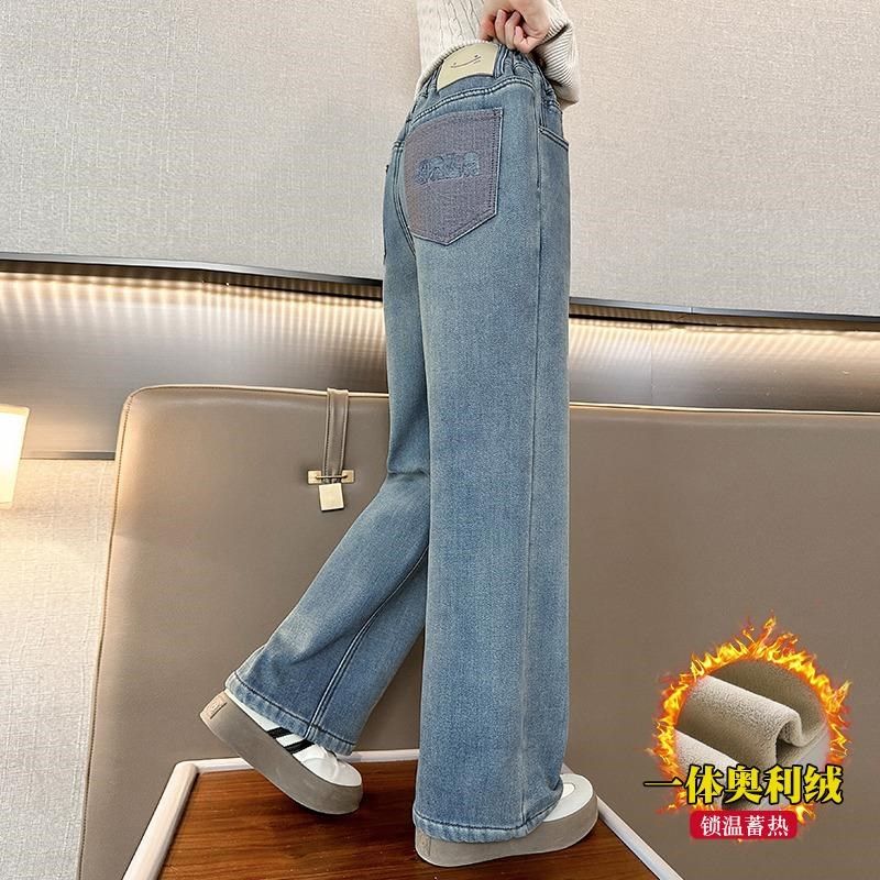 女童加绒裤子秋冬款2025新款大童加厚一体绒牛仔裤儿童冬季阔腿裤