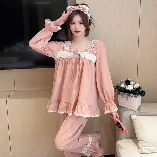 纯棉睡衣女春秋长袖法式甜美蕾丝公主风可爱方领高级感家居服套装