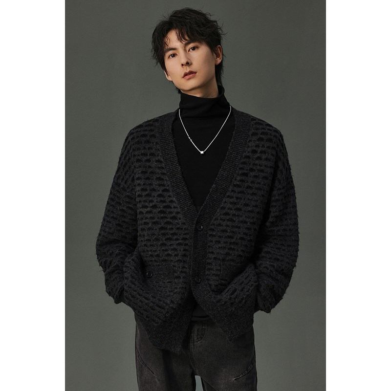 【储格】双色双层面镂空针织开衫男加厚V领百搭打底衫毛衣外套