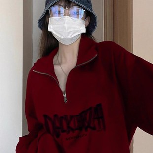 纯棉polo领半拉链卫衣女秋冬加绒加厚美式宽松无帽长袖小个子外套