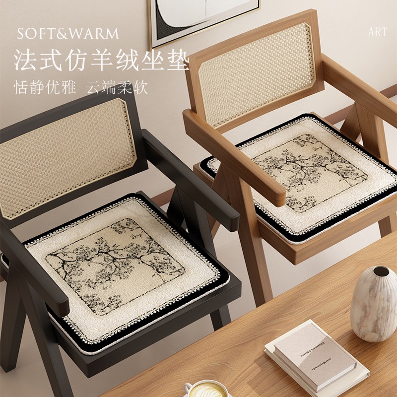 中古风绿色餐桌椅子坐垫法式复古冬天加厚毛绒凳子板凳座垫屁垫子