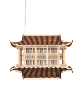 新中式木质手工倒影古建筑凉亭家居客厅酒店大堂造景悬挂镜像摆件