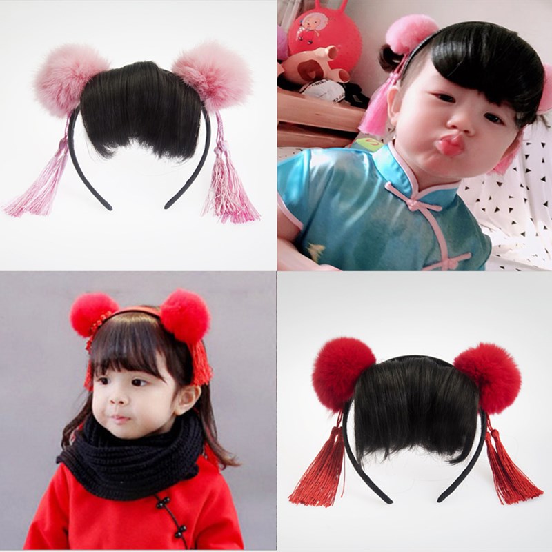 2023新款儿童假发刘海女宝宝头饰蝴蝶结演出古风新年毛球流苏发箍