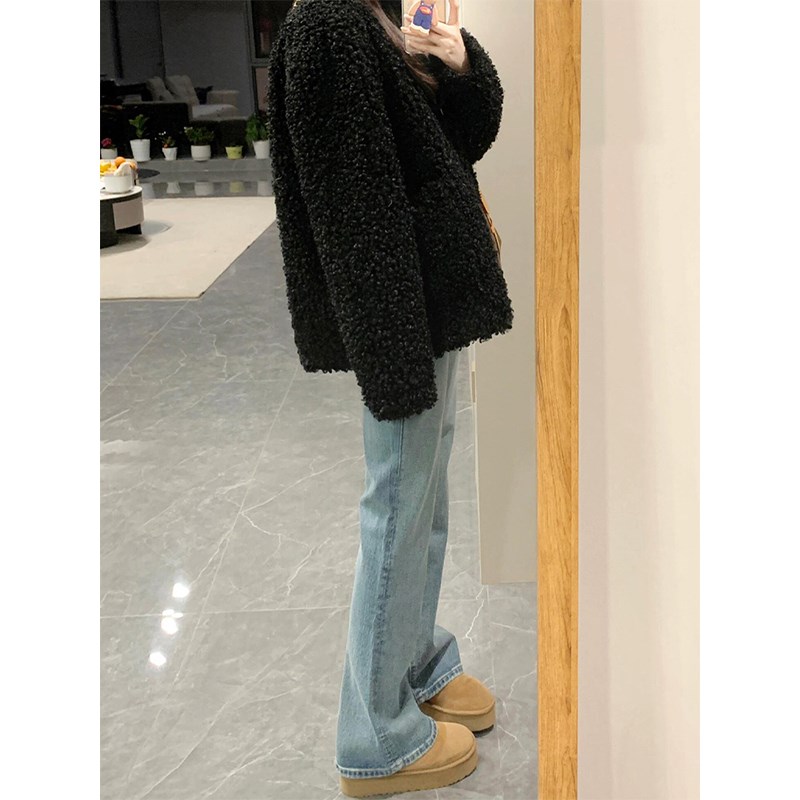 浅蓝色微喇牛仔裤女秋冬新款胖妹妹mm梨形身材高腰弹力显瘦直筒裤