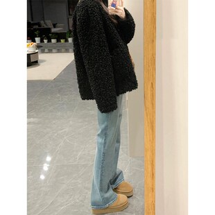 浅蓝色微喇牛仔裤女秋冬新款胖妹妹mm梨形身材高腰弹力显瘦直筒裤